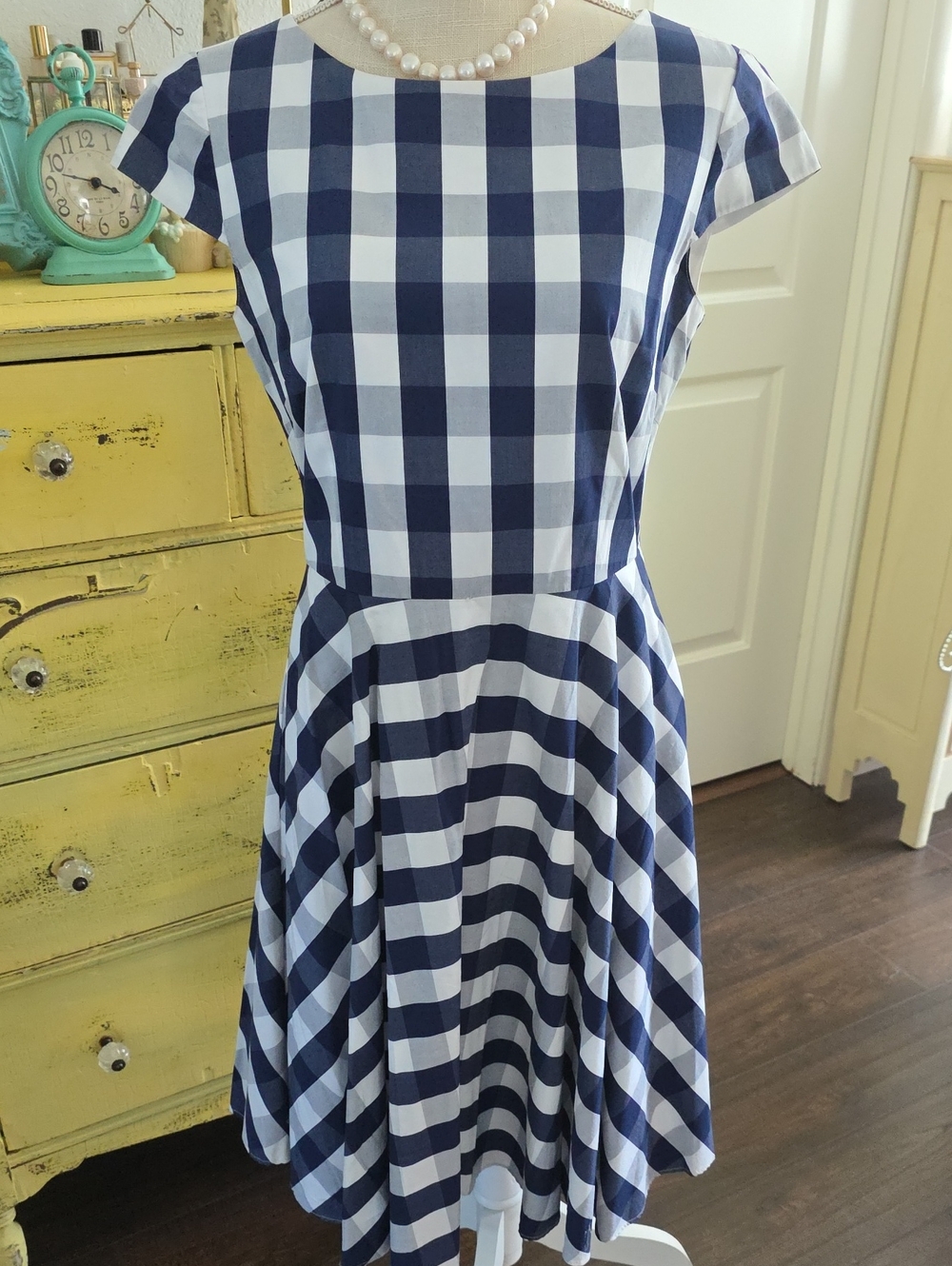 Alex Marie Navy and White Gingham Fit & Flare Dress